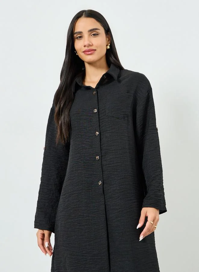Styli Black Buttoned Shirt Kimono and Pant Co-ords